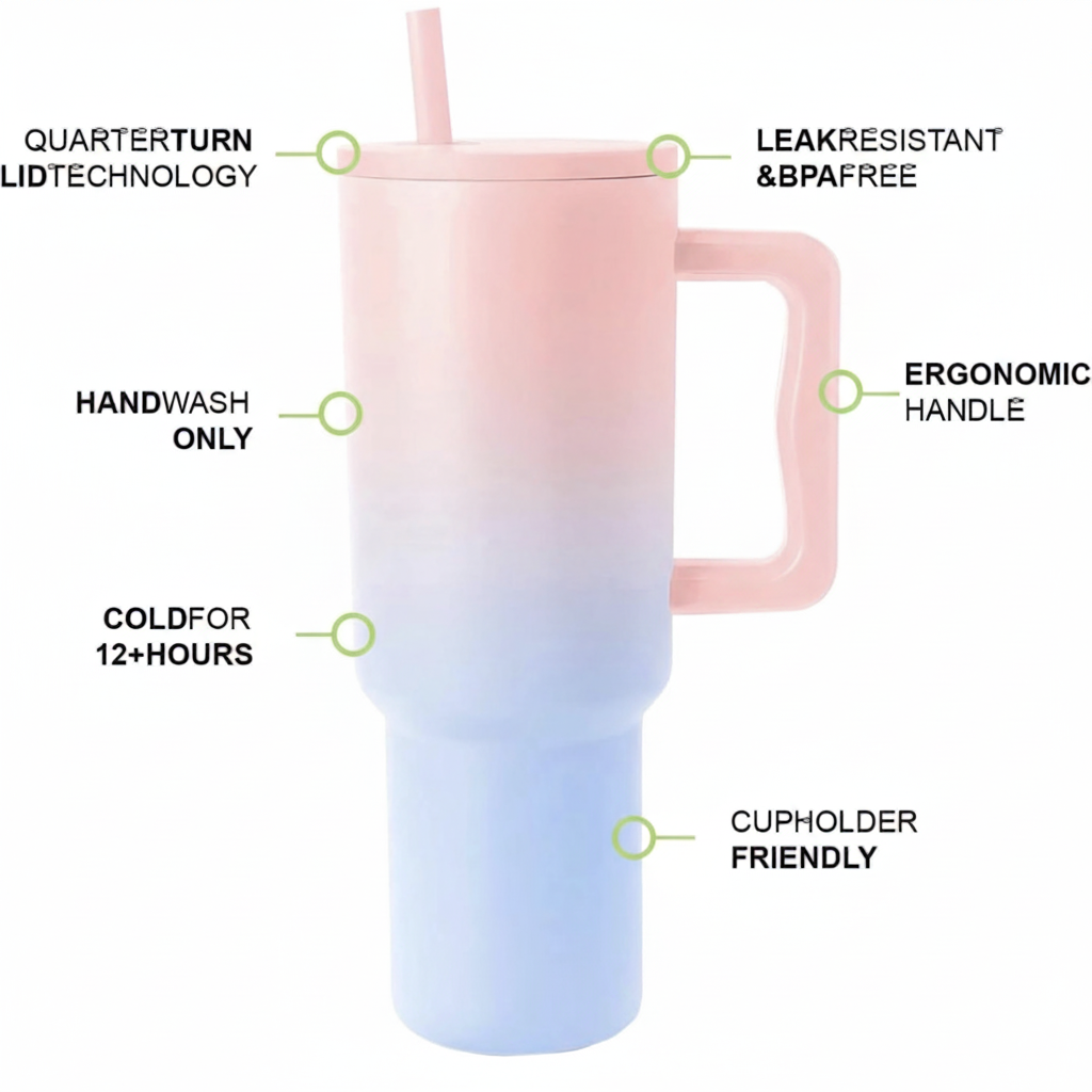 Fitgear 1200ML Stainless Steel Tumbler with Handle & Lid, 2 Straws – Large Travel Mug Water Cup for Gym, Office & Outdoor Use (Cotton Candy Haze)