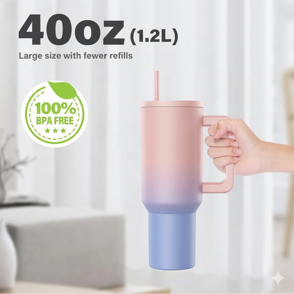 Fitgear 1200ML Stainless Steel Tumbler with Handle & Lid, 2 Straws – Large Travel Mug Water Cup for Gym, Office & Outdoor Use (Cotton Candy Haze)