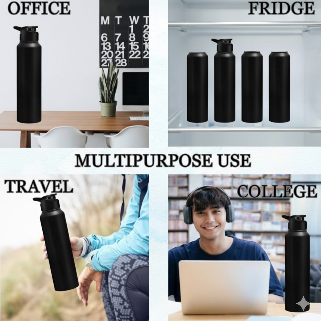 Fitgear Black Stainless Steel Sipper Water Bottles 750ml (2 Pack) | Steel bottle For Office | Easy To Carry Steel Bottle Leak Proof | BPA & Toxic Free