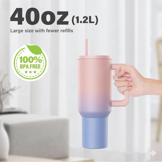 Fitgear 1200ML Stainless Steel Tumbler with Handle & Lid, 2 Straws – Large Travel Mug Water Cup for Gym, Office & Outdoor Use (Cotton Candy Haze)